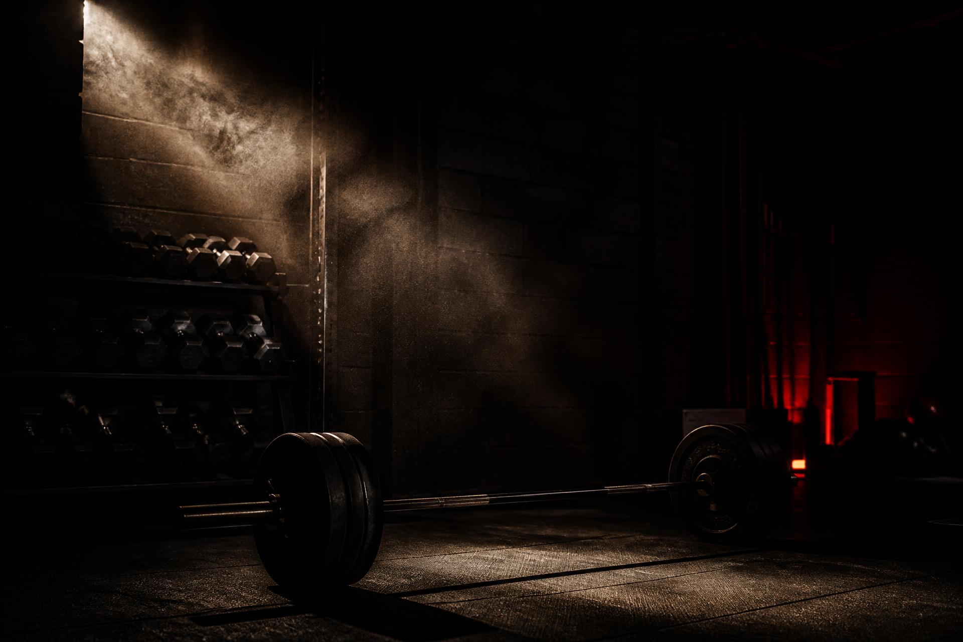 Dimly lit weight room with a loaded barbell